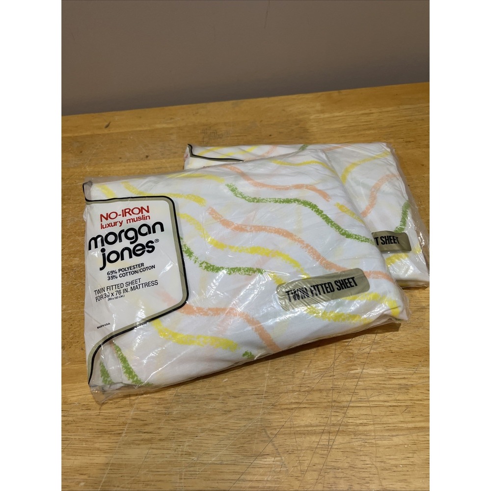 Vtg Morgan‎ Jones Retro Sheets Twin Fitted Flat Squiggle Lines Yellow Green 60s